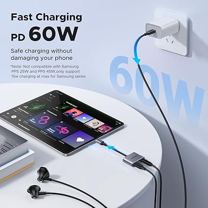 UGREEN 60165 USB C to 3.5mm Headphone and 2 in 1 Type C to Aux Audio Jack with PD 60W Fast Charging Adapter - Image 3
