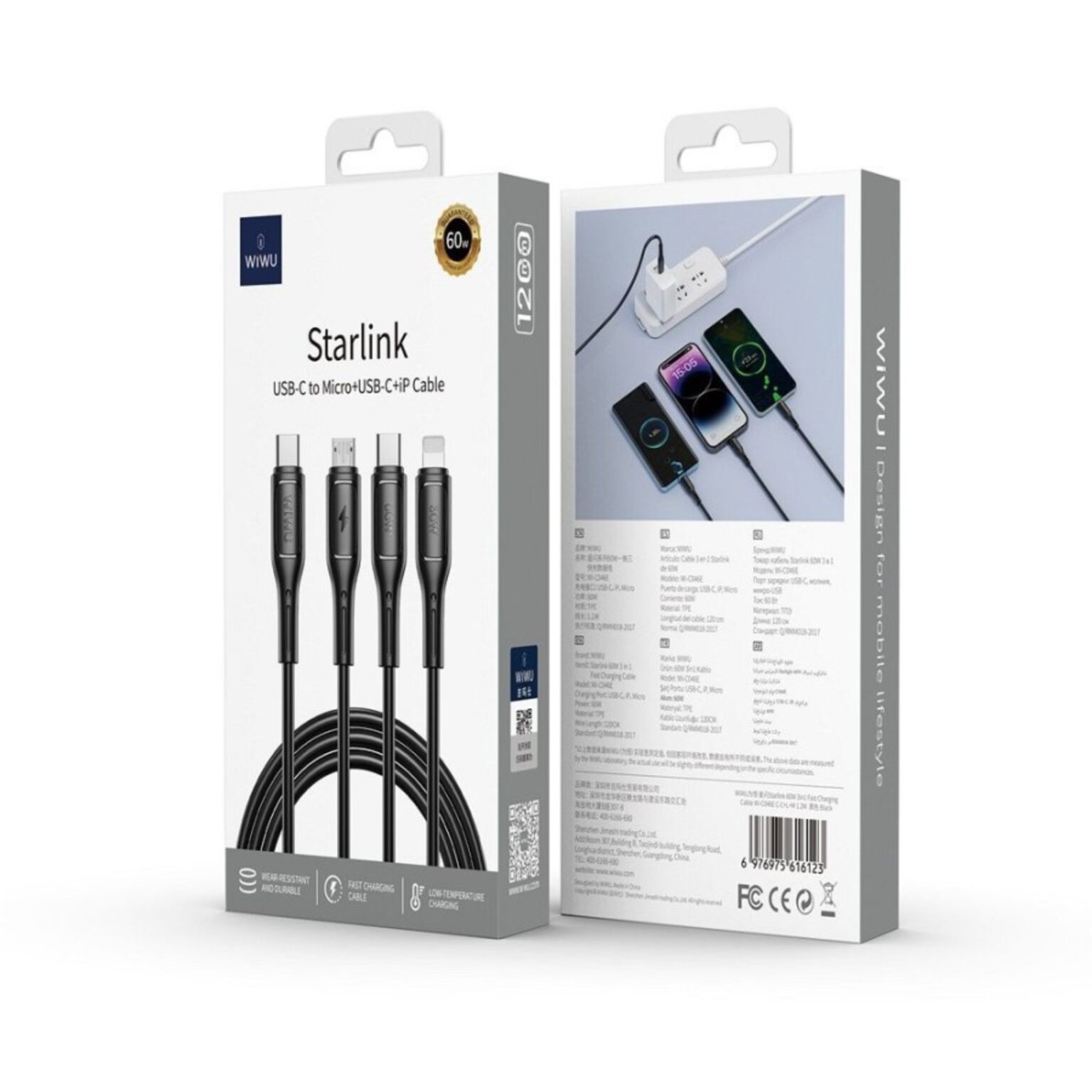 WiWU Starlink Wi-C046E 3in1 USB-C to USB-C Micro USB Lightning 60W 1.2m Cable - Image 3