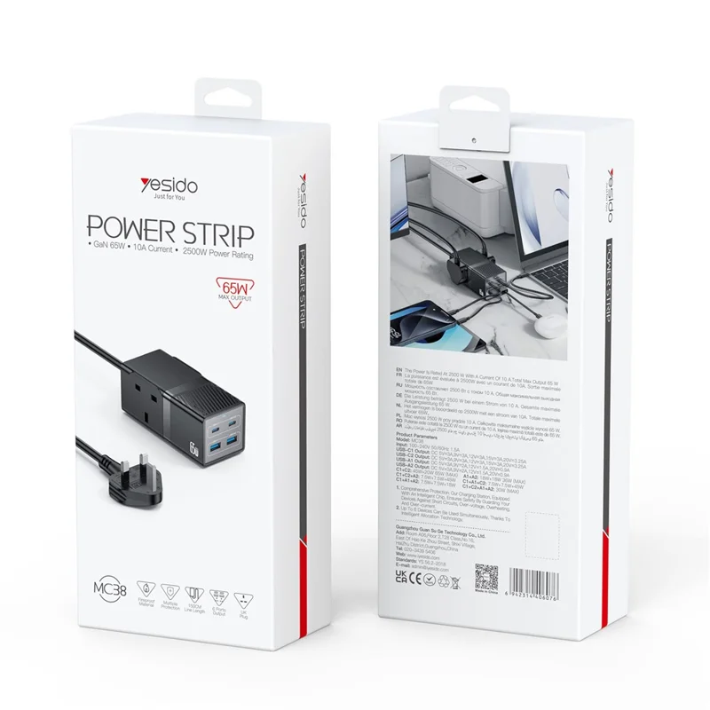 YESIDO MC38 65W GaN Power Strip USB-C USB-A Charging Station - UK Plug - Image 2