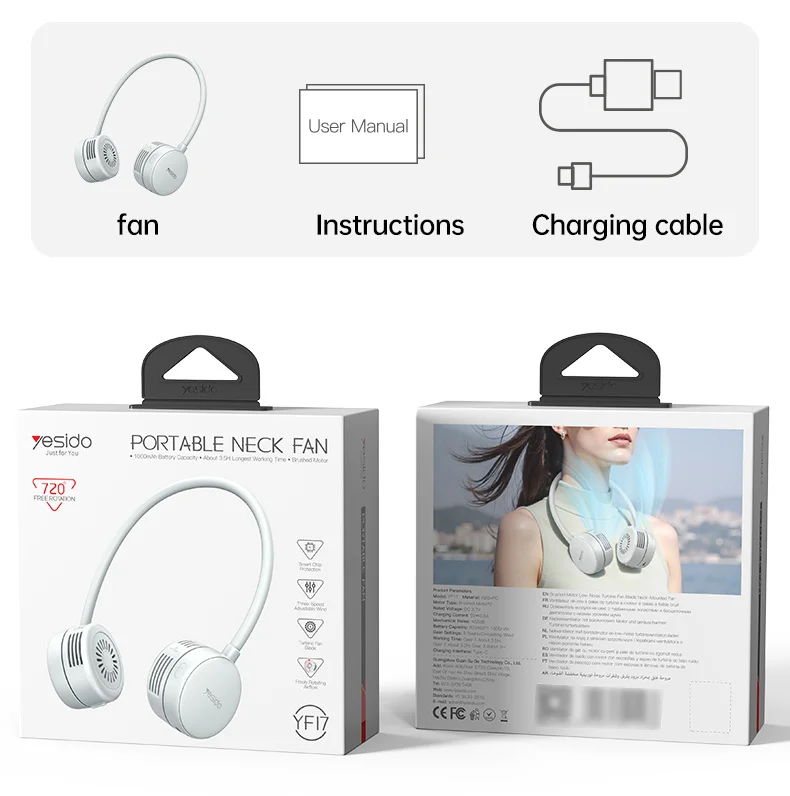 YESIDO YF17 Portable Summer Neck Fan Hands Free 3 Speed Settings Personal Cooling Fan - Image 2