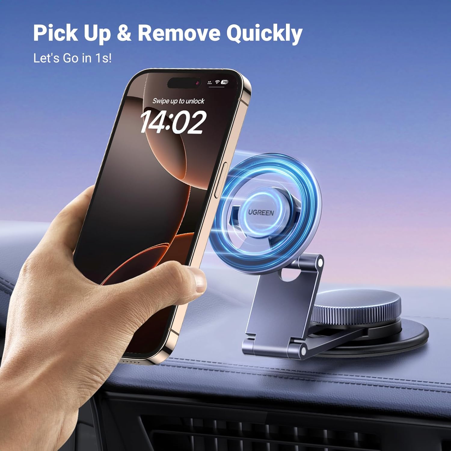 UGREEN 45577 Magnetic 360 Rotatable + Retractable Metal Car Phone Holder - Image 3
