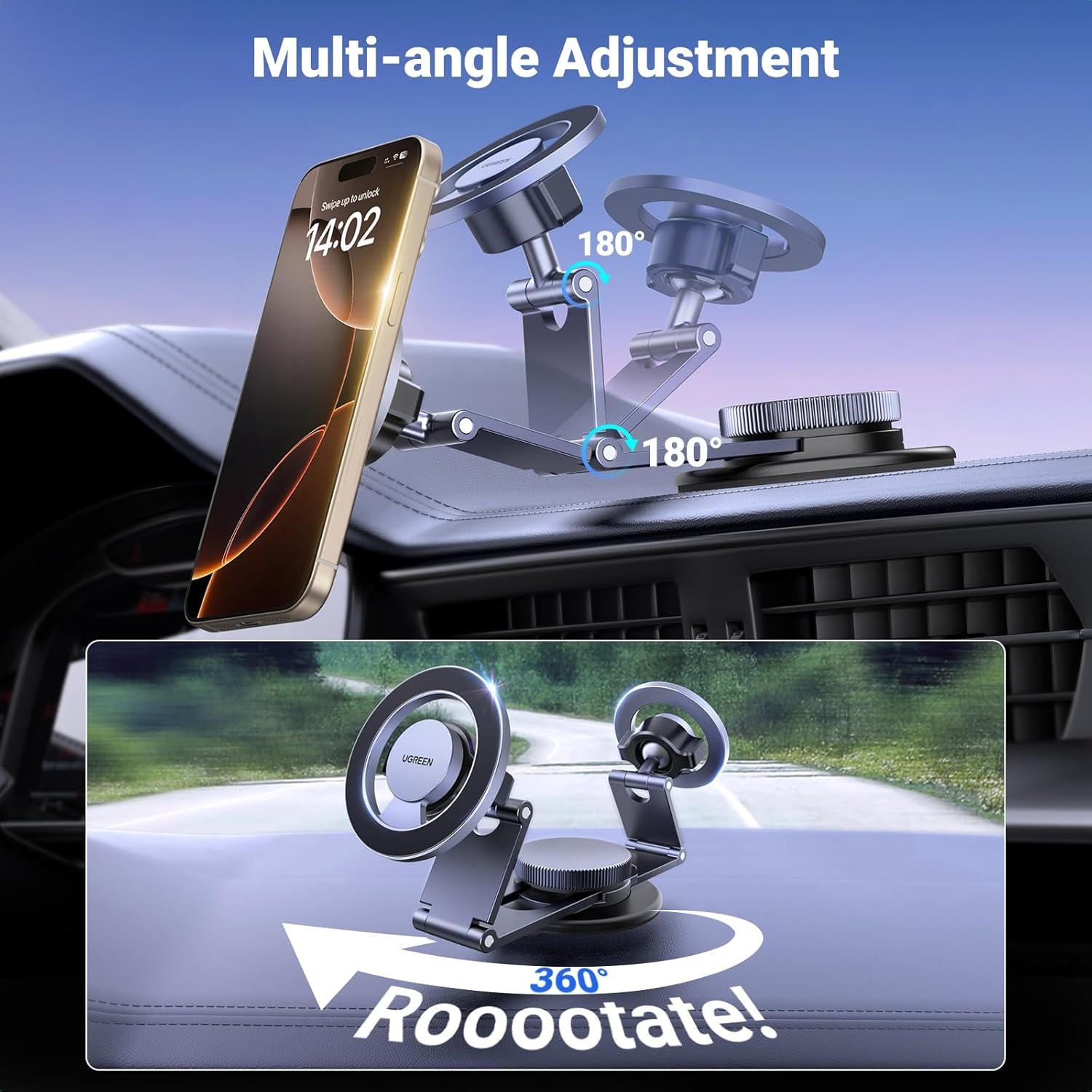 UGREEN 45577 Magnetic 360 Rotatable + Retractable Metal Car Phone Holder - Image 2