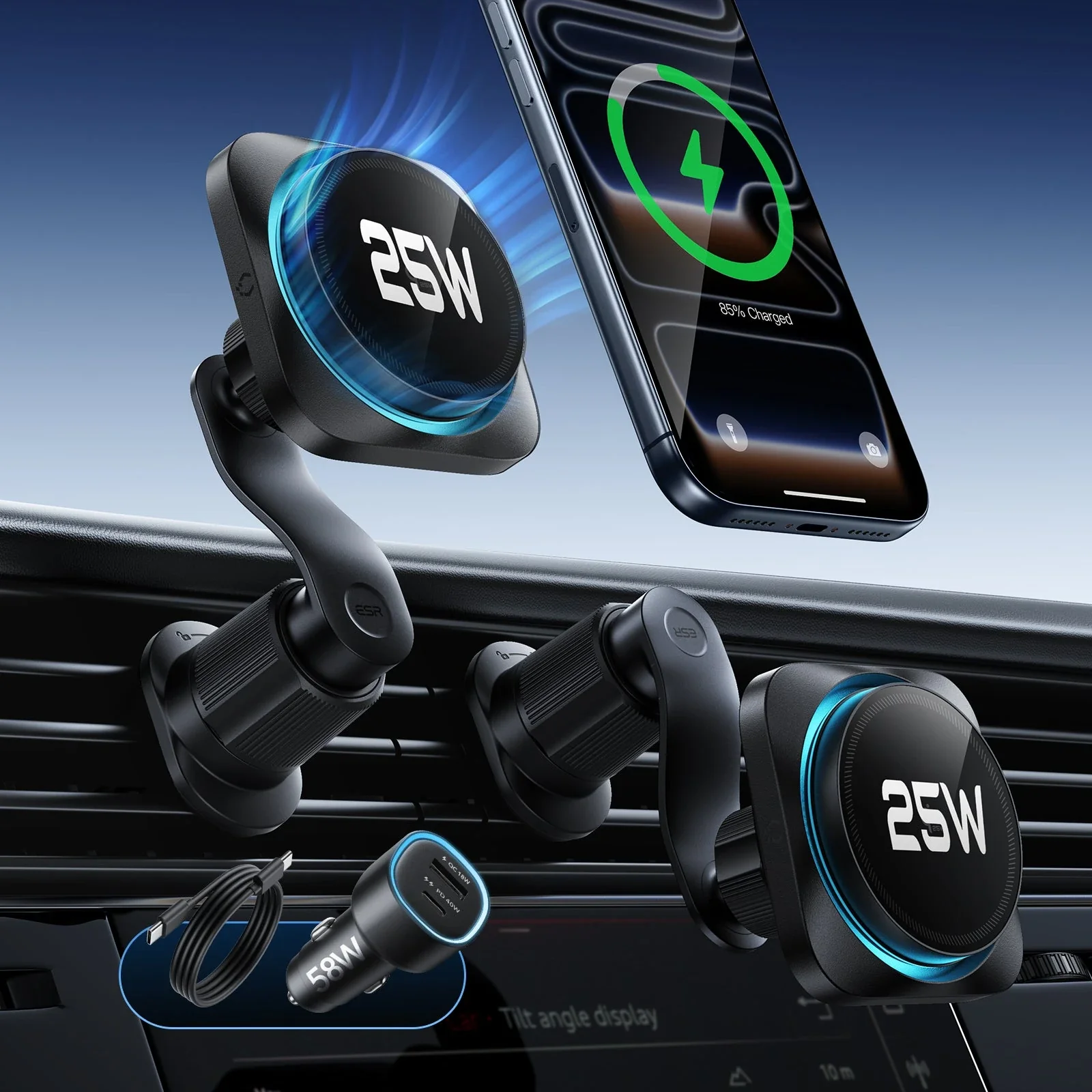 ESR OmniLock MagSafe Qi2 25W Air Vent Car Mount Charger